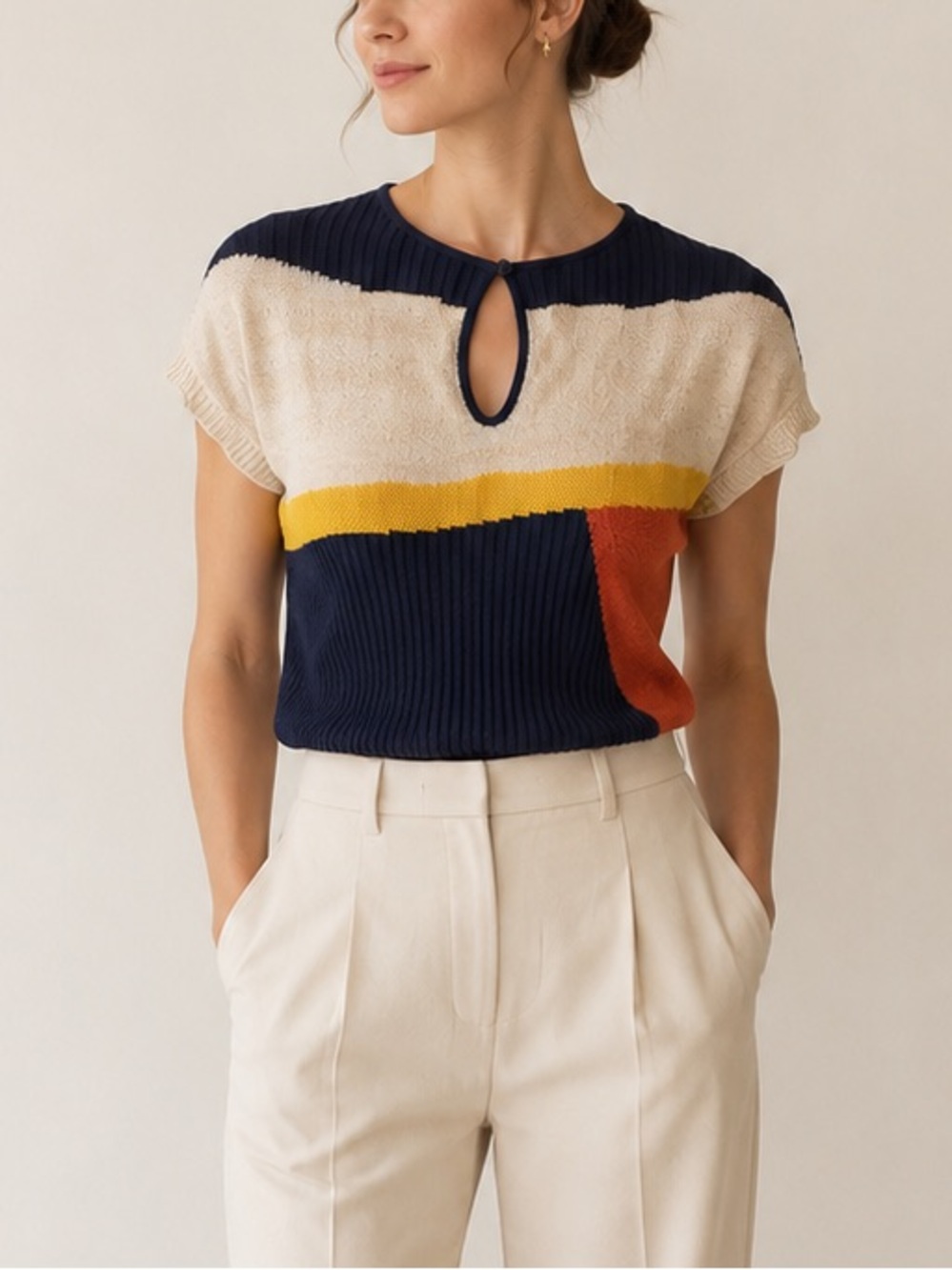 Zara Colorblock Small lightweight Ribbed Knit Short Sleeve Keyhole Sweater Top
